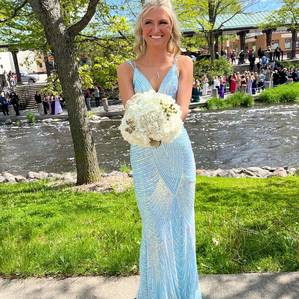 Windsor Blue Sequin Prom Dress with Plunging Neckline - Picture 10 of 11
